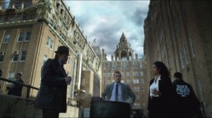 Arkham- Bullock, Gordon and Captain Essen at crime scene investigation at Arkham