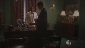 Now is Not the End- Spider Raymond, played by Andre Royo, speaks with Leet Brannis, played by James Frain, on Howard Stark’s equipment, and swap