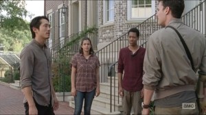 Remember- Glenn, Tara, and Noah about to go scouting with Nicholas and Aiden, played by Daniel Bonjour