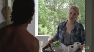 Remember- Jessie Anderson, played by Alexandra Breckenridge, brings supplies to Rick