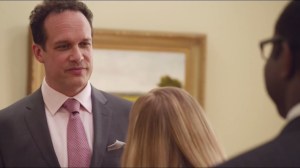 East Wing- Bill gives Amy a friendly hello in an unfriendly way