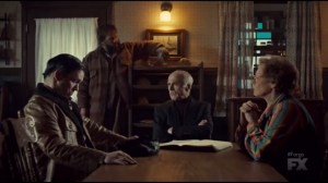 Waiting for Dutch- Gerhardt family meeting- Dodd with Floyd, played by Jean Smart, Otto, played by Michael Hogan, and Bear, played by Angus Sampson