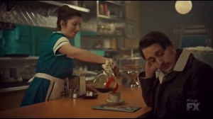 Waiting for Dutch- Rye heads to The Waffle Hut in Luverne, Minnesota, is served by the waitress, played by Laura Zaluski