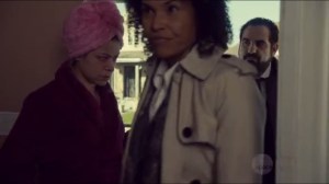 The Stigmata of Progress- Detectives Lindstein, played by Kirsten Alter, and Collier, played by Joe Pingue, visit the Hendrix home for questions