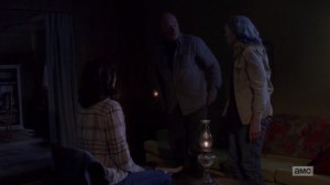 A New Beginning- Maggie tells Tammy Rose, played by Brett Butler, and Earl, played by John Finn, that Ken is dead- The Walking Dead