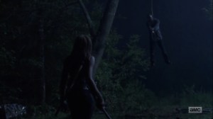 The Obliged- Michonne spots a hanging walker- AMC, The Walking Dead