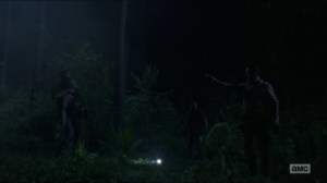 Warning Signs- Rick points his gun at Jed, who is holding Carol at knife point- AMC, The Walking Dead