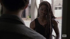 Guardians- Michonne tells Aaron that she won't veto a revote- AMC, The Walking Dead