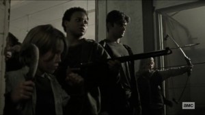 Scars- Jocelyn's kids aim their weapons at Daryl and Michonne- AMC, The Walking Dead