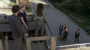 Scars- Michonne, Aaron, and Laura see Daryl with Laura, Connie, and Henry- AMC, The Walking Dead