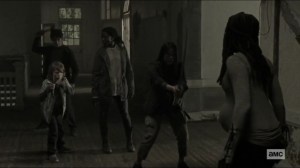 Scars- Michonne about to fight Jocelyn's kids- AMC, The Walking Dead