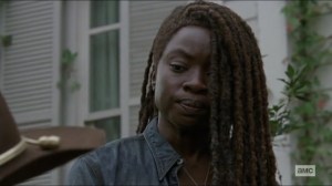 Scars- Michonne speaks to Judith at the grave site- AMC, The Walking Dead