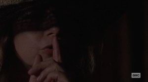 The Calm Before- Alpha sits next to Lydia during the movie- AMC, The Walking Dead