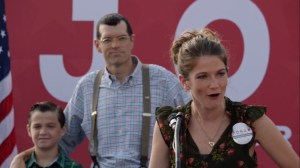 Iowa- Jonah's wife, Beth, played by Emily Pendergast, speaks to the crowd- HBO, Veep