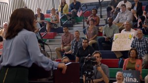 Pledge- Selina speaks to a crowd at the University of Iowa- Veep, HBO