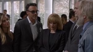 Veep- Dan, Amy, Bill, and Kent catch up at Selina's funeral- HBO
