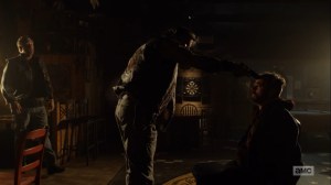 Here's Negan- Man points a gun at Negan's head- AMC, The Walking Dead