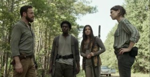 Warlords- Aaron tells Maggie, Elijah, and Lydia what happened at the apartment complex- AMC, The Walking Dead
