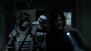 Acts of God- Daryl and Commonwealth soldiers explore a building- AMC, The Walking Dead