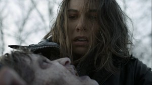 Outpost 22- Maggie about to put down the kid walker- AMC, The Walking Dead